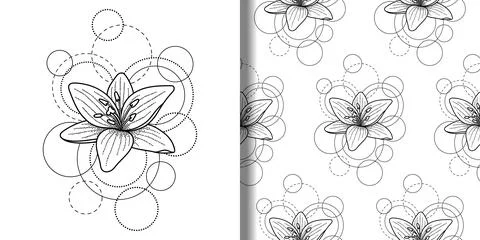 Print and seamless pattern set with lily and circles Stock Illustration