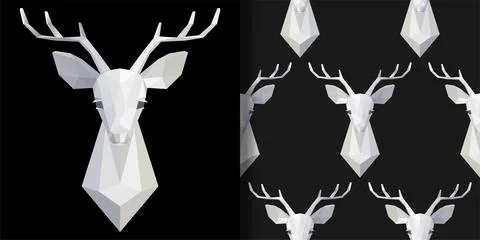 Print and Seamless Pattern set with Polygonal Deer Head Stock Illustration