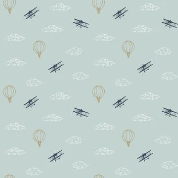 Print with biplanes, clouds and hot air balloons Stock Illustration