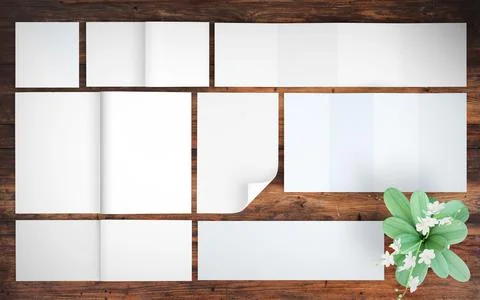 Print blank elements mockup top view wood background Stock Illustration