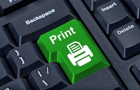 Print button with printer. Print button computer keyboard with printer. Co... Stock Photos