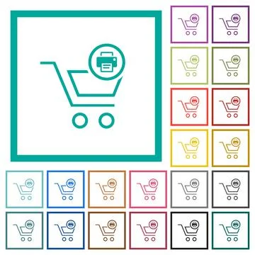 Print cart items outline flat color icons with quadrant frames Stock Illustration