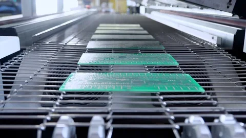 Print circuit board (pcb) on conveyor of SMT automatic pick and place machine Stock Footage 113630763
