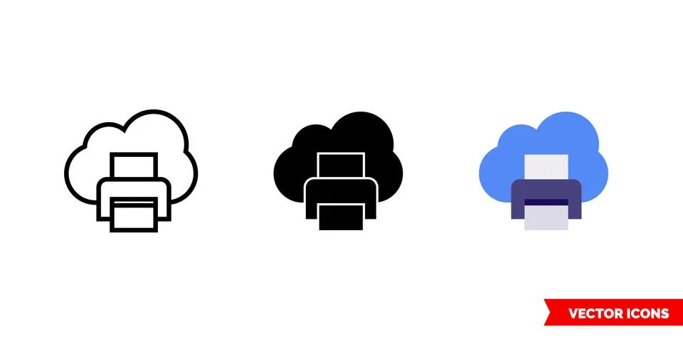 Print from cloud icon of 3 types color, black and white, outline. Isolated ve Stock Illustration