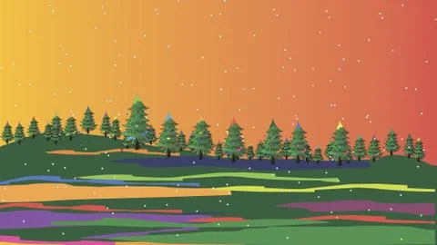 Print. landscape and sky background. Beautiful nature scene with christmas trees Stock Illustration
