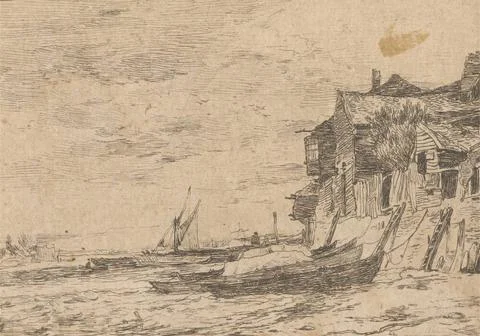 Print made by Charles Golding Constable, 1821 1879, British, Coastal Scene... Stock Photos