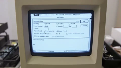 Print options screen and waiting for printing on Old Macintosh Classic Computer Video stock 131338789