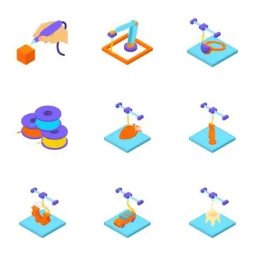 Print with plastic icons set, isometric style Illustrazione stock
