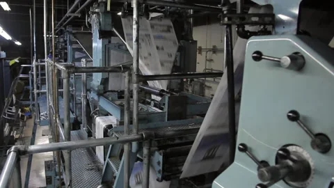 Print Press Machine Printing Newspapers in Operation, Indoors Static Video stock 134458360