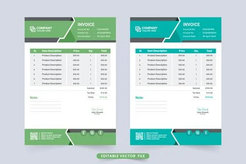 Print ready invoice template vector with green and blue colors. Creative bill Stock Illustration