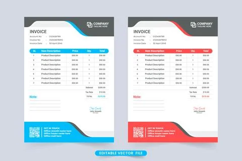 Print ready modern invoice template vector with red and blue colors. Professi Stock Illustration