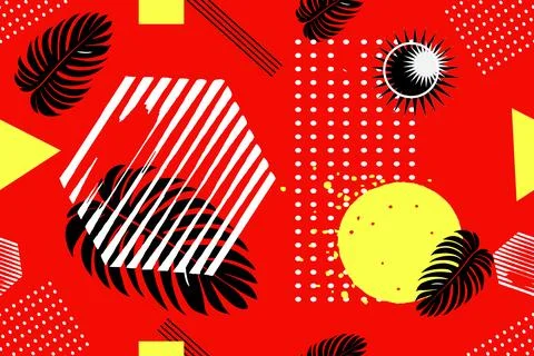 Print summer seamless pattern with abstract geometric shapes, sun, monstera palm Illustrazione stock