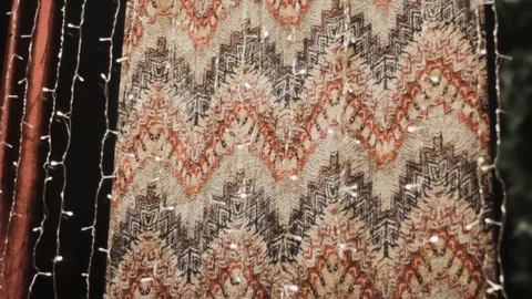 Print texture red with white oriental pattern on fabric. Stock-Footage 120576146