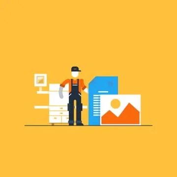 Print worker with printer and documents Stock Illustration