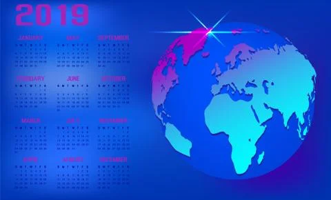 Print world map calendar 2019 map month abstract Stock Illustration