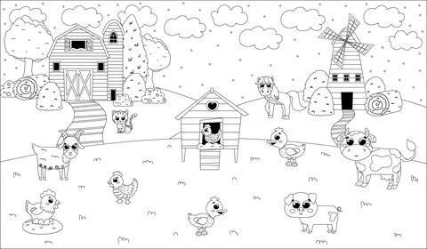 Printable black and white coloring page with farm animals, barn and windmill Stock Illustration