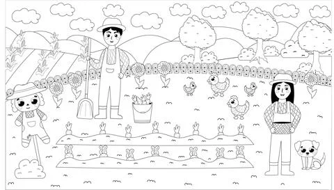 Printable black and white coloring page with farmer boy digging and girl holding Stock Illustration