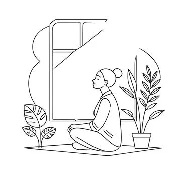 Printable black line art vector of meditating woman for stress relief adult colo Stock Illustration