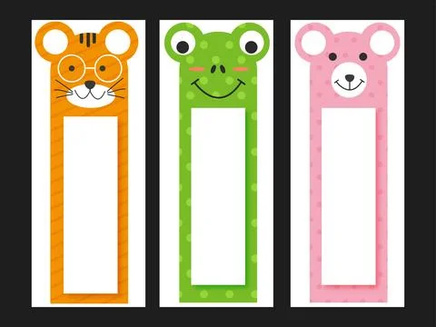 Printable Bookmarks of Cartoon Cat, Frog, Bear with Space For Message. Illustration