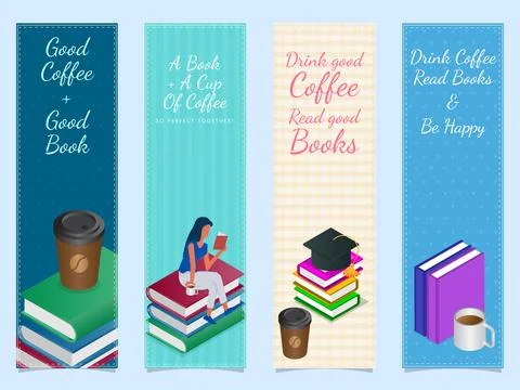 Printable Bookmarks Reading Quotes with Drinks and Books. Stock Illustration
