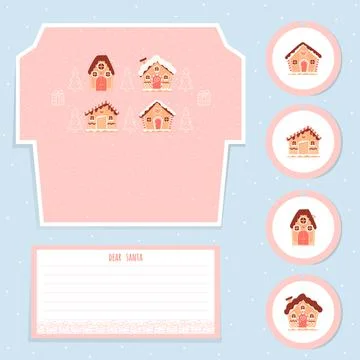 Printable christas envelope template with gingerbread houses and xmas eve, le Stock Illustration