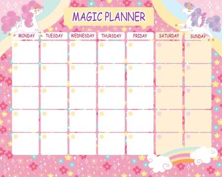 Printable cute magic unicorn weekly planner vector Illustrazione stock
