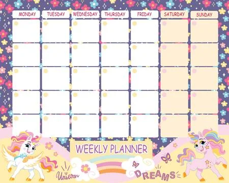 Printable cute two unicorn weekly rainbow planner vector Illustrazione stock