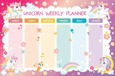 Printable cute unicorn rainbow weekly planner vector 4 Illustrazione stock