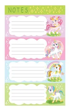 Printable cute unicorns note pages set vector 2 Illustrazione stock
