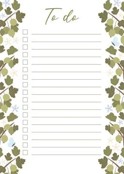 Printable To-do list concept with green gooseberry plant illustration, vector Stock Illustration