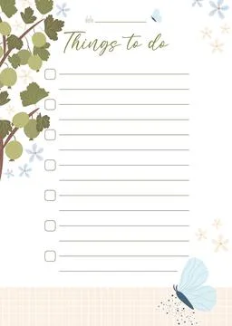 Printable To-do list concept with green gooseberry plant illustration, vector Stock Illustration
