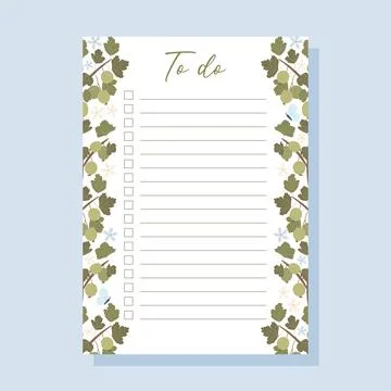 Printable To-do list concept with green gooseberry plant illustration, vector Stock Illustration