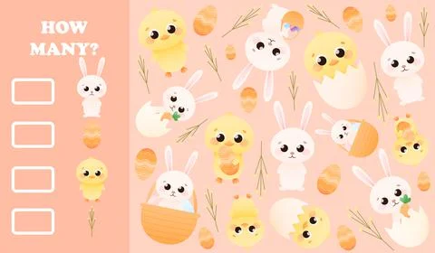 Printable educational worksheet with counting game for kids, cute animal char Stock Illustration