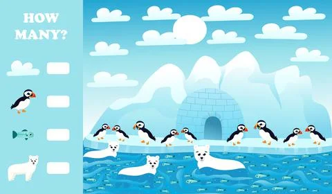 Printable educational worksheet for kids with how many puzzle, arctic animals Stock Illustration