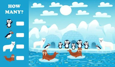 Printable educational worksheet for kids with how many puzzle, arctic animals Stock Illustration