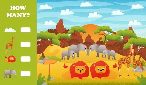 Printable educational worksheet for kids with how many puzzle, safari desert  Stock Illustration