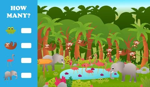 Printable educational worksheet for kids with how many puzzle, tropical jungl Stock Illustration