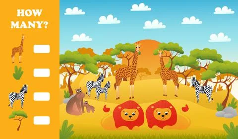 Printable educational worksheet for kids with how many puzzle, safari desert  Stock Illustration
