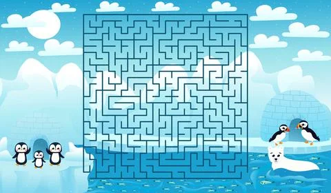 Printable educational worksheet for kids with labyrinth puzzle, arctic animal Stock Illustration