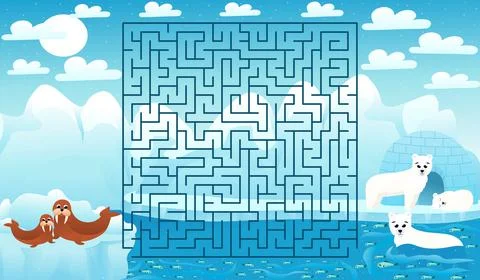 Printable educational worksheet for kids with labyrinth puzzle, arctic animal Stock Illustration