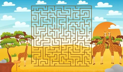 Printable educational worksheet for kids with labyrinth puzzle, safari desert Stock Illustration