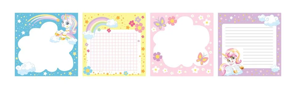 Printable happy rainbow unicorns note pages set vector Stock Illustration