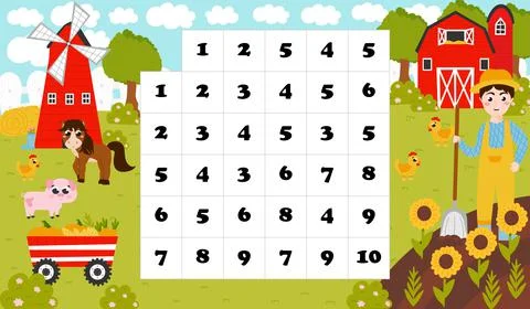 Printable math labyrinth for kids in cartoon style with farmer digging and barn Stock Illustration
