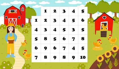 Printable math labyrinth for kids in cartoon style with farmer girl and barn, Stock Illustration