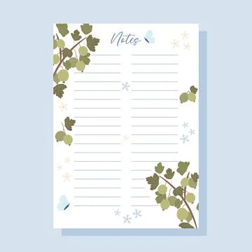 Printable notes concept with green gooseberry plant illustration, vector Stock Illustration
