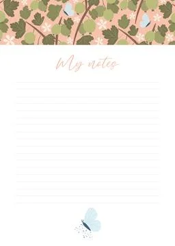 Printable notes concept with green gooseberry plant illustration, vector Stock Illustration
