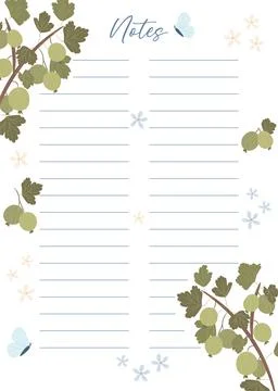Printable notes concept with green gooseberry plant illustration, vector Stock Illustration