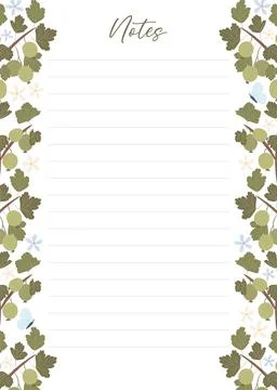 Printable notes concept with green gooseberry plant illustration, vector Stock Illustration