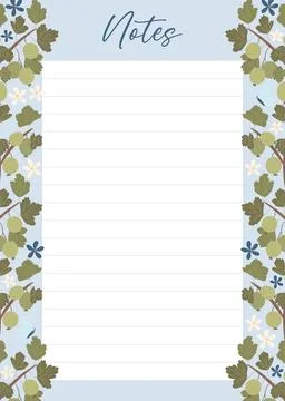 Printable notes concept with green gooseberry plant illustration, vector Stock Illustration