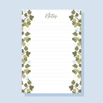 Printable notes concept with green gooseberry plant illustration, vector Stock Illustration